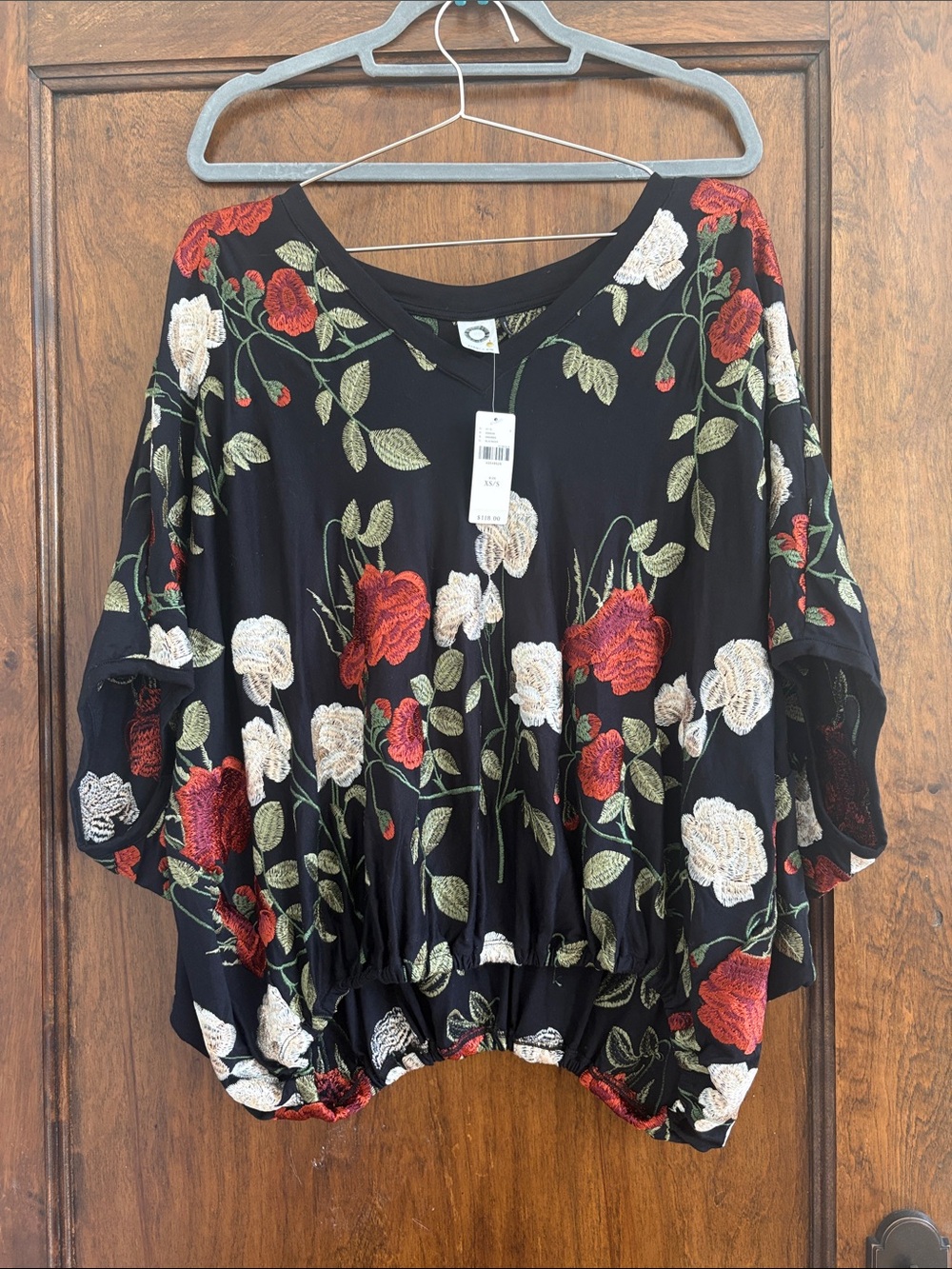 Black Floral Embroidered Dolman Blouse with Red & Cream Flowers